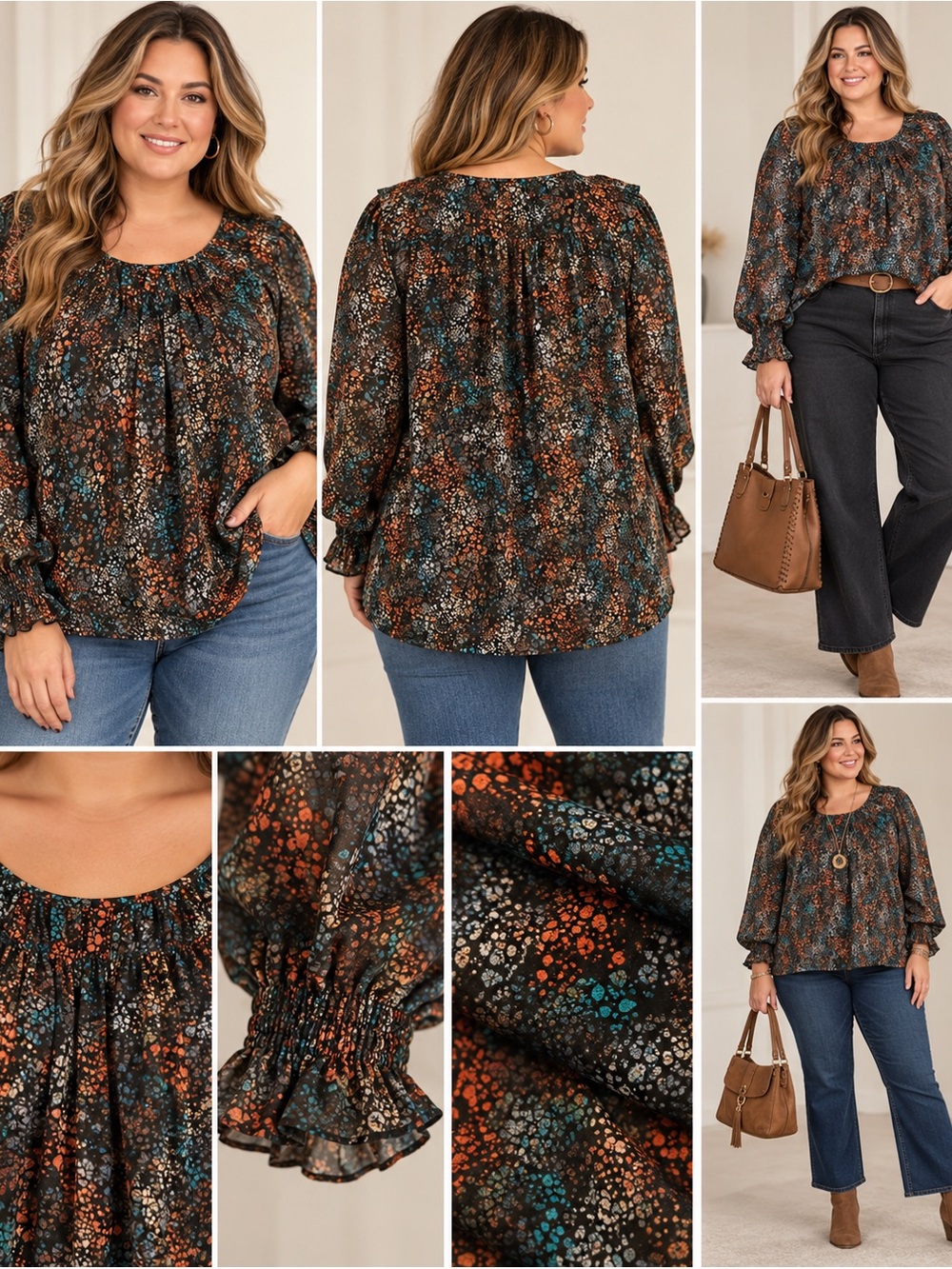 3X Smocked Cuff Peasant Blouse - Multi Brown Floral
